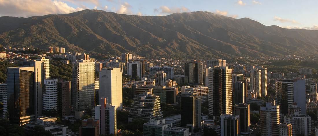 The Caracas skyline at golden hour with the Avila mountain range behind it
